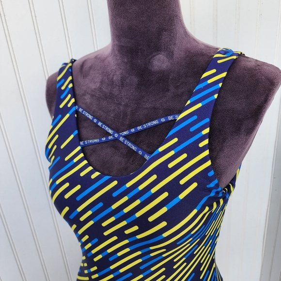 NWOT One Piece Swimsuit Navy Yellow Geo Scoop Neck Strappy Straps Lined Cups M - Picture 3 of 15